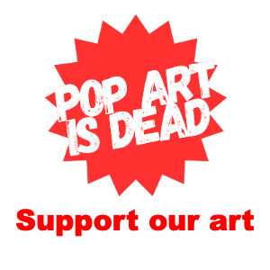 Image of the Pop Art Is Dead logo used to call for donations to create free community art